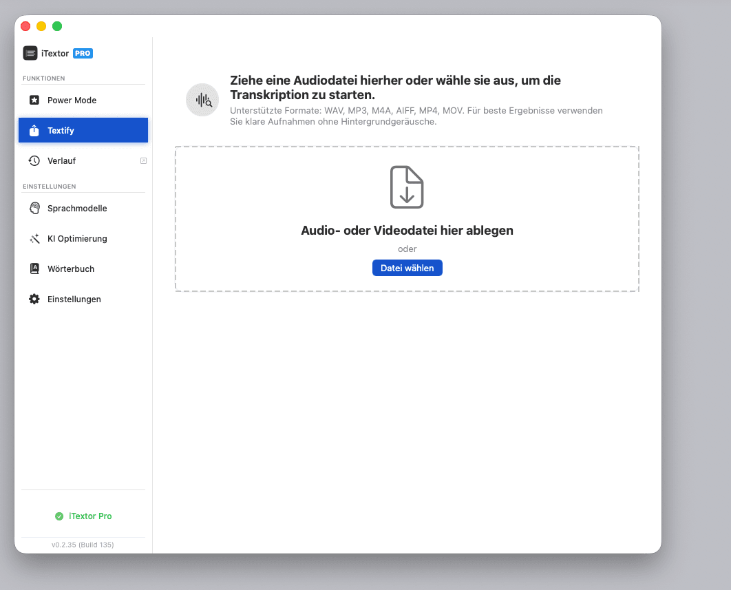 Original iTextor Textify import window with sidebar and file selection.